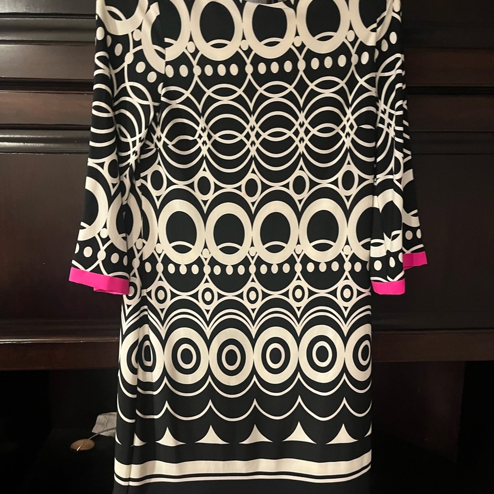 Eliza J Black and White Circle Pattern Dress with Pink Trim